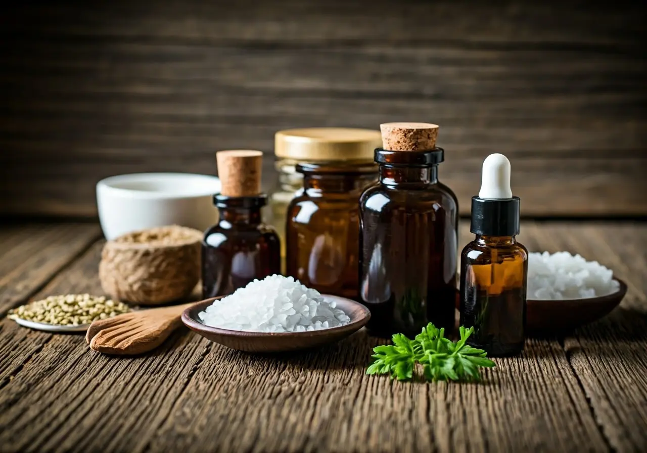 Assorted organic skincare ingredients displayed on a rustic wooden surface. 35mm stock photo