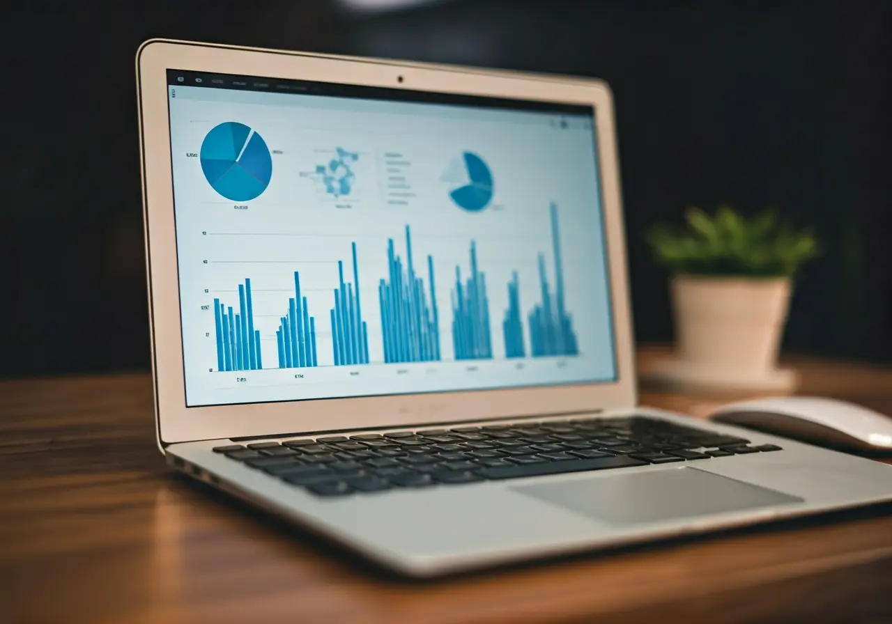 An open laptop displaying graphs and charts on a desk. 35mm stock photo