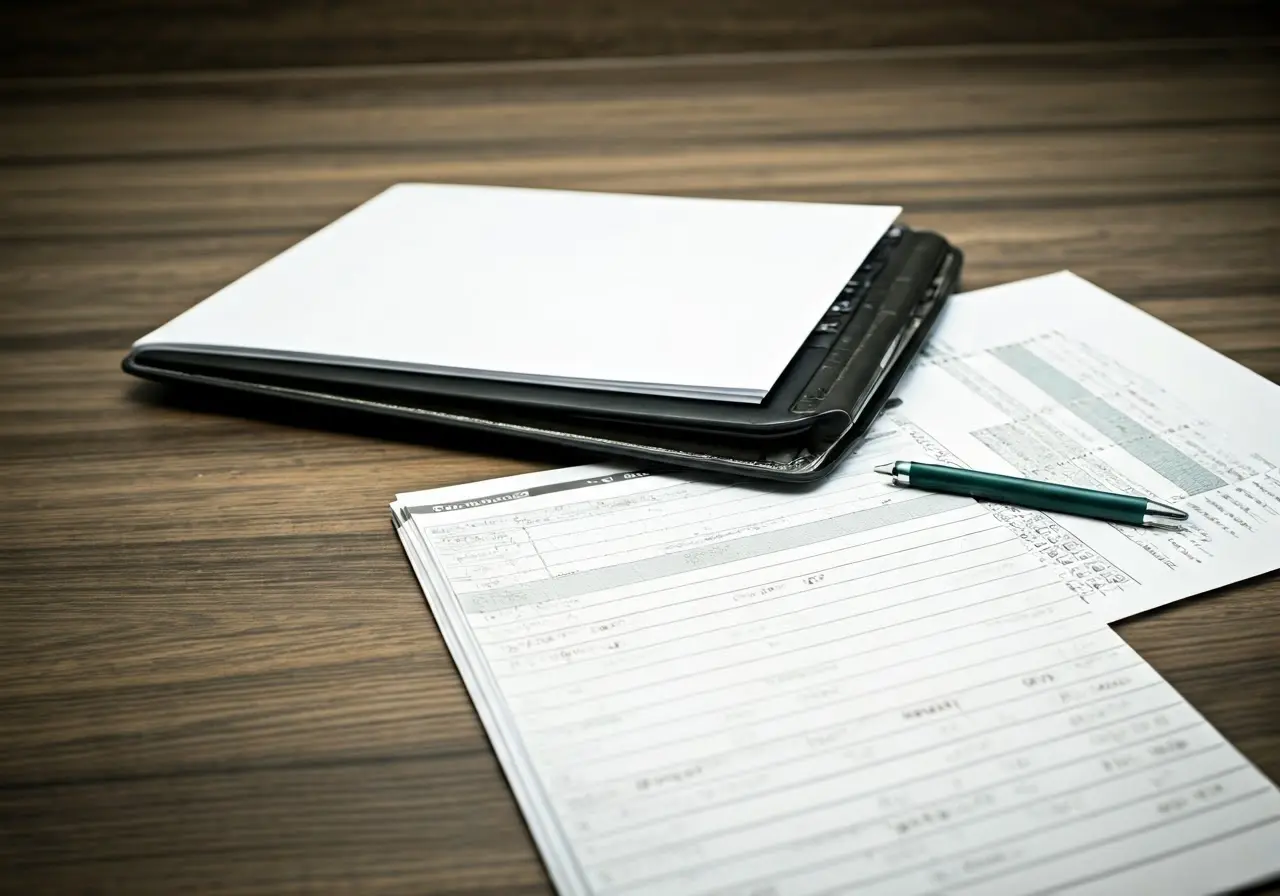 A close-up of organized financial documents and a calculator. 35mm stock photo