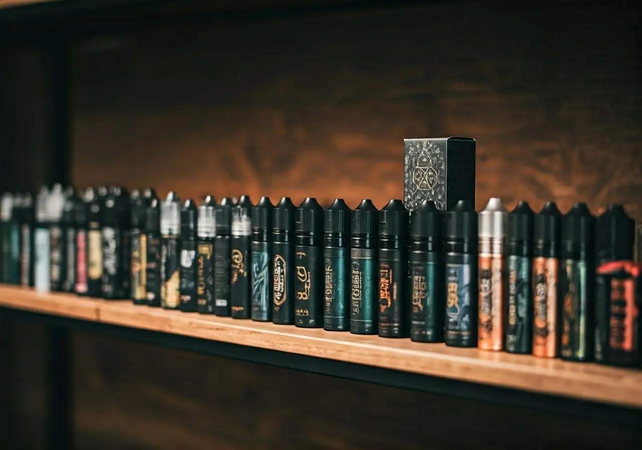 A variety of branded vape products displayed on shelves. 35mm stock photo