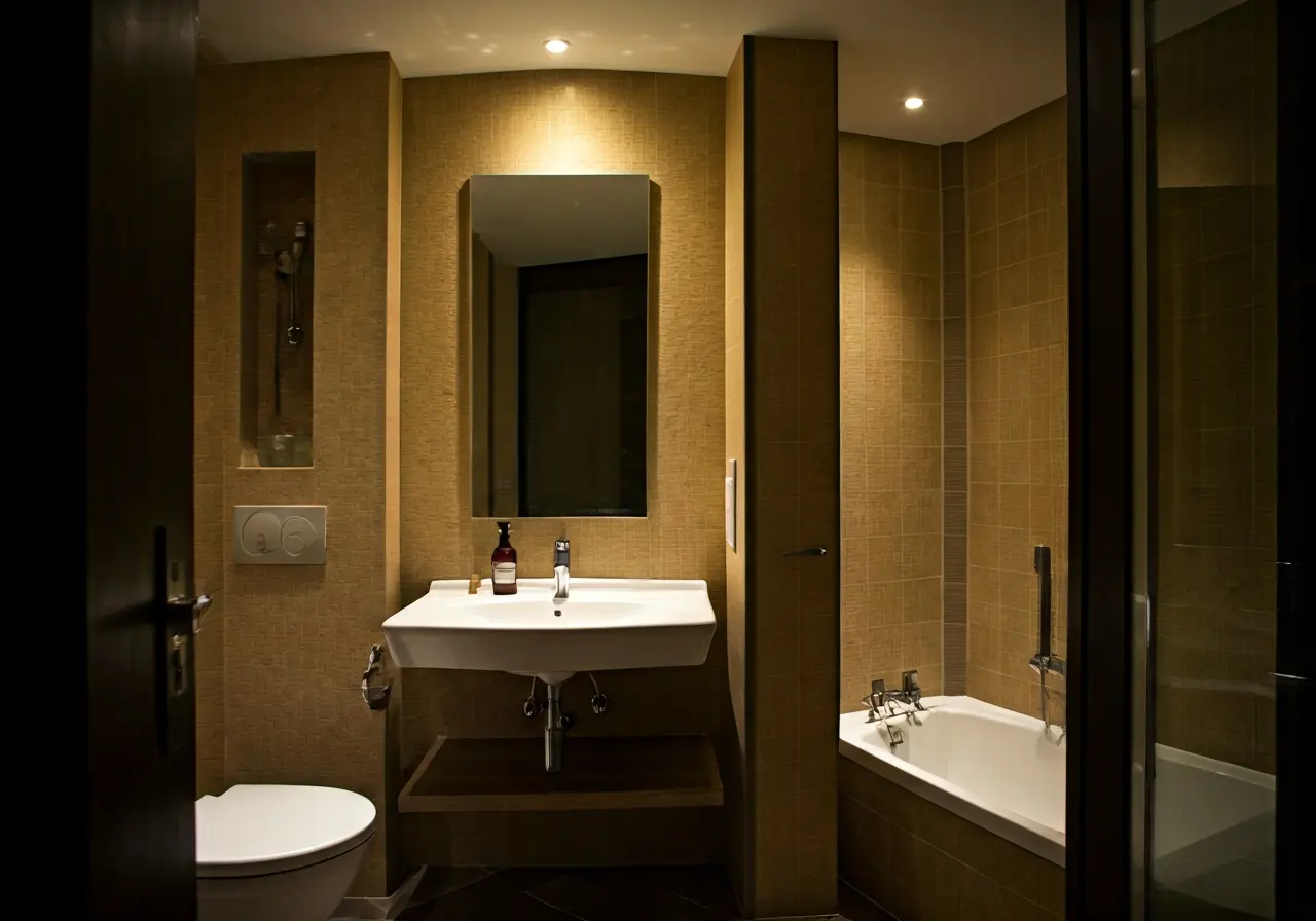 A modern, stylish bathroom with elegant fixtures and lighting. 35mm stock photo