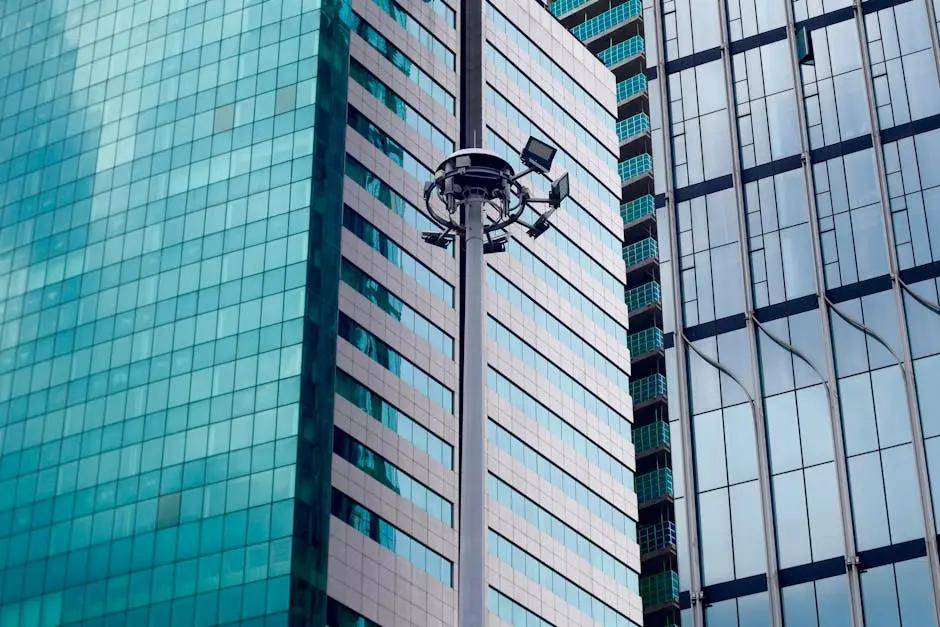 Skyscrapers with surveillance cameras in a modern city setting.