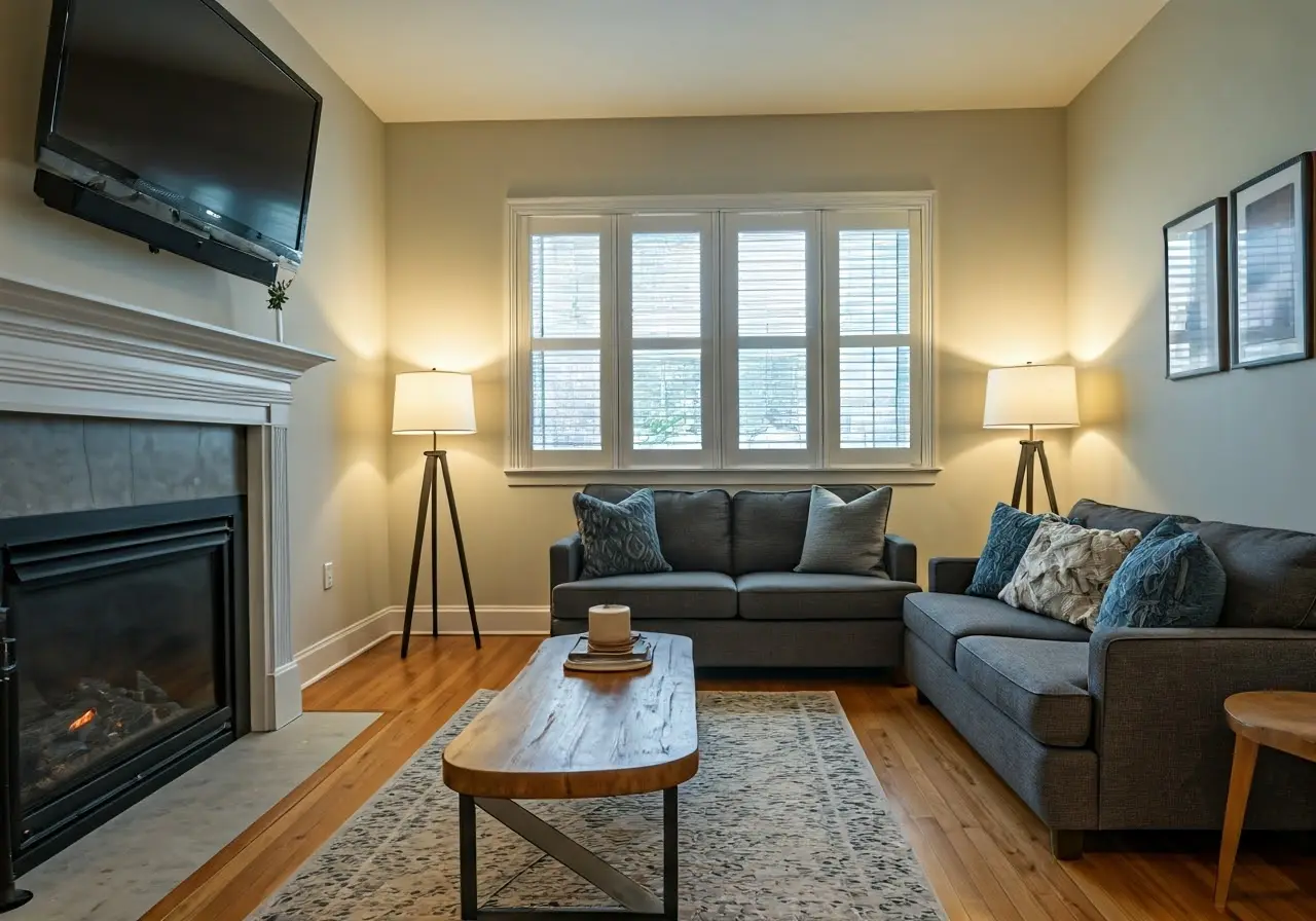 A cozy, well-decorated Airbnb living room in Bentonville. 35mm stock photo