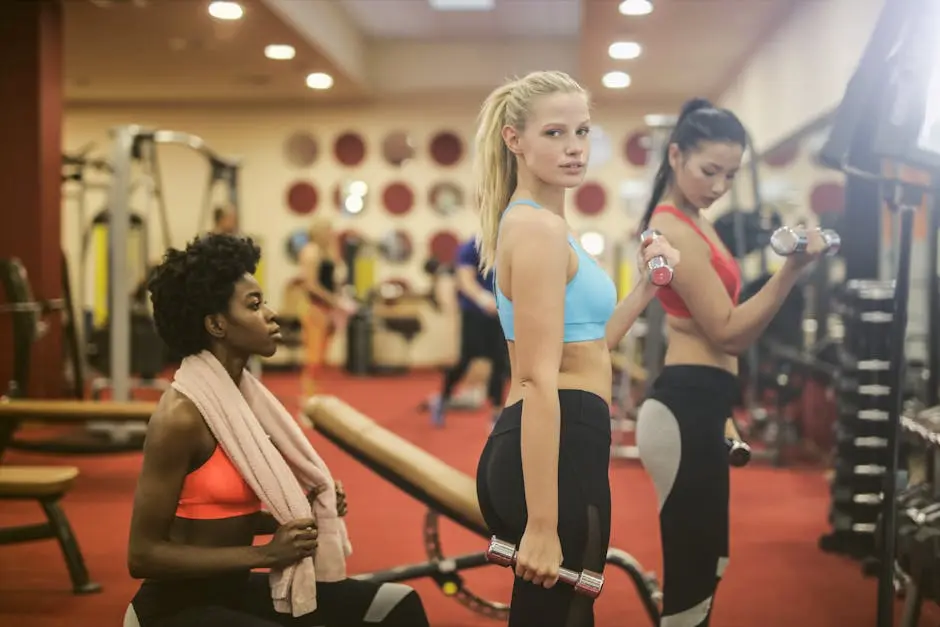 Three women working out in a gym focusing on wellness and fitness with weights.