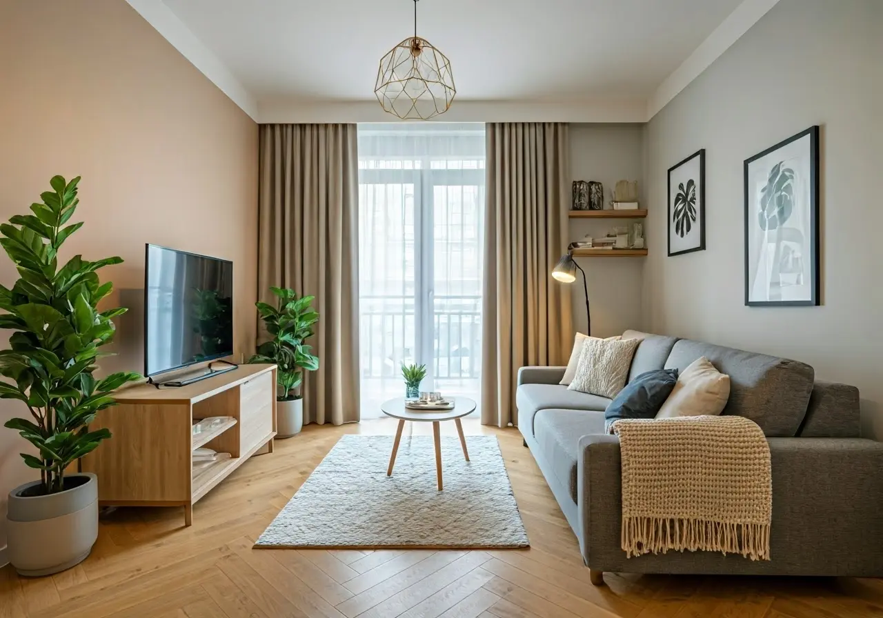 A modern, stylish living room with cozy Airbnb décor elements. 35mm stock photo