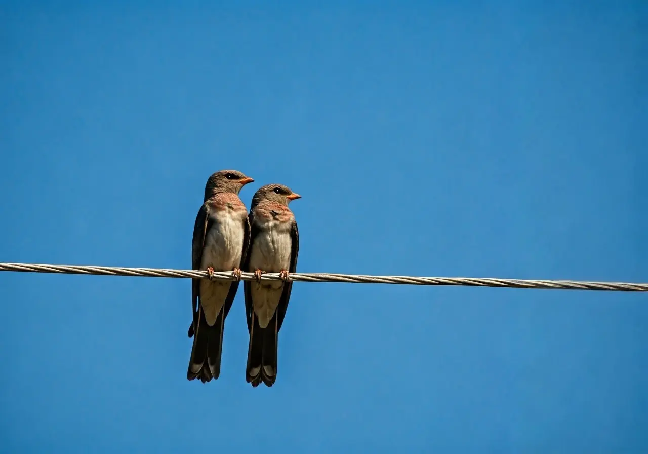 Two birds sitting closely together on a communication wire. 35mm stock photo