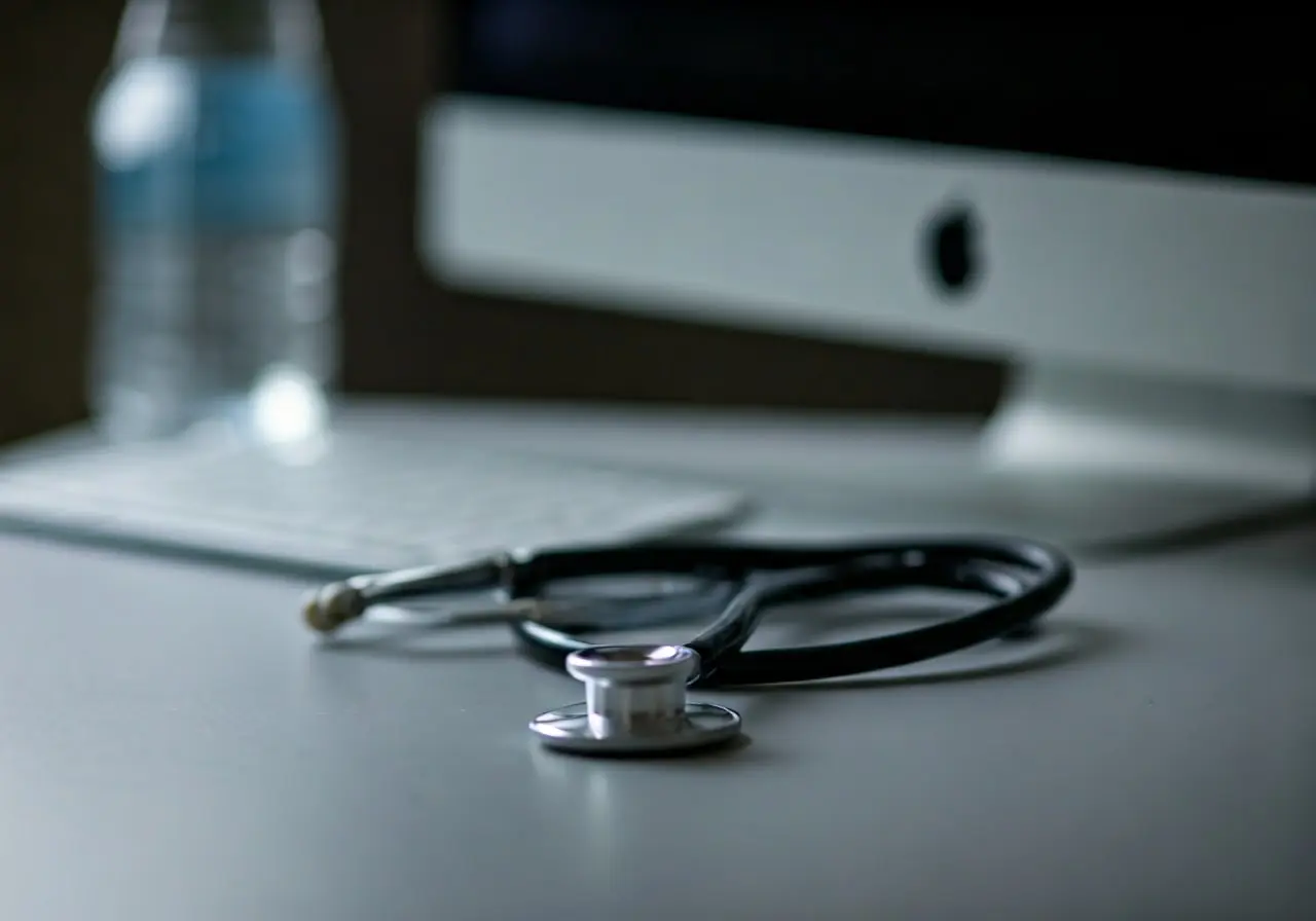 A computer with a stethoscope on a doctor’s desk. 35mm stock photo