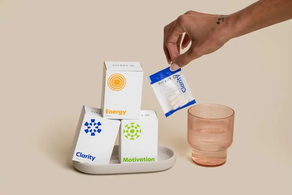 A close-up of dietary supplements for clarity, motivation, and energy with packaging and a hand reaching for a pouch.