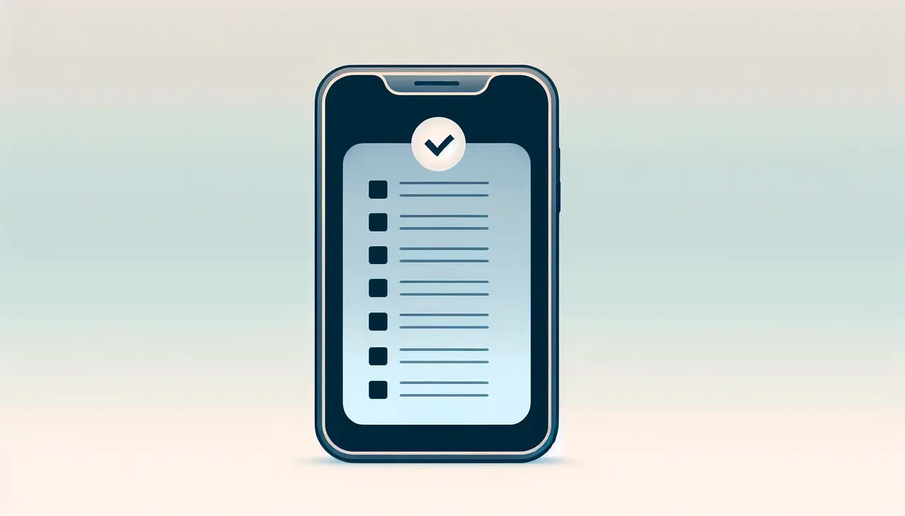 Draw a graphic in flat design style. A minimalist illustration of a smartphone displaying a checklist with seven items, each marked with a check, against a soft gradient background.
