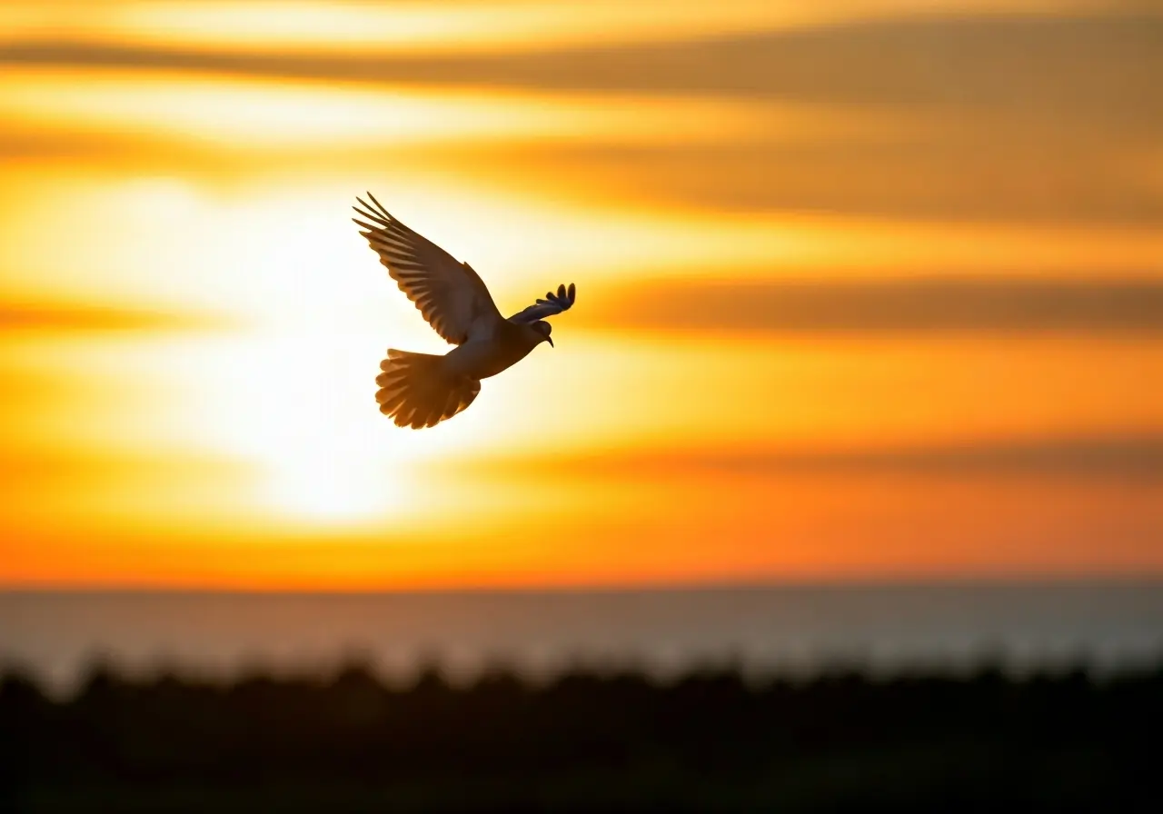 A serene dove flying over a sunset-lit horizon. 35mm stock photo