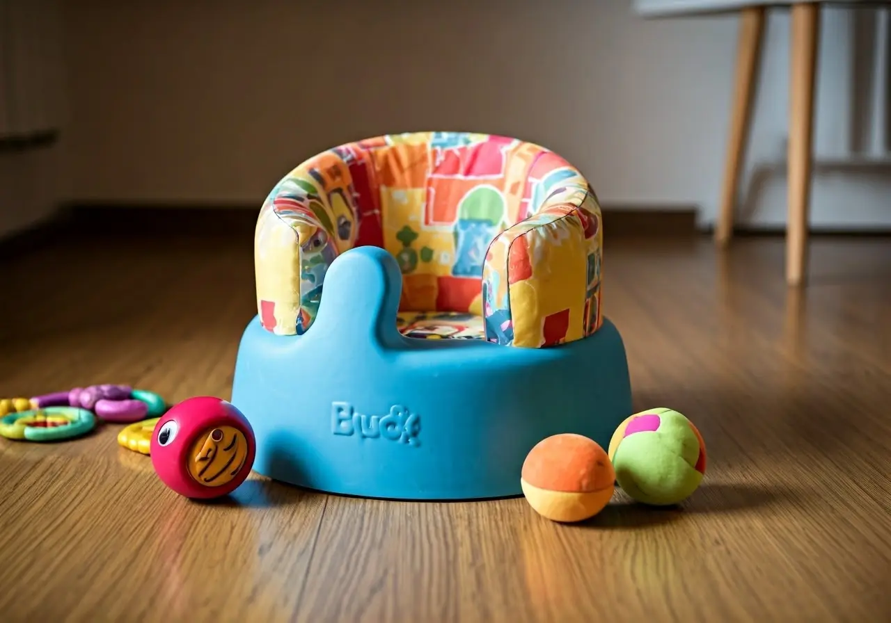 A colorful Bumbo seat surrounded by playful baby toys. 35mm stock photo