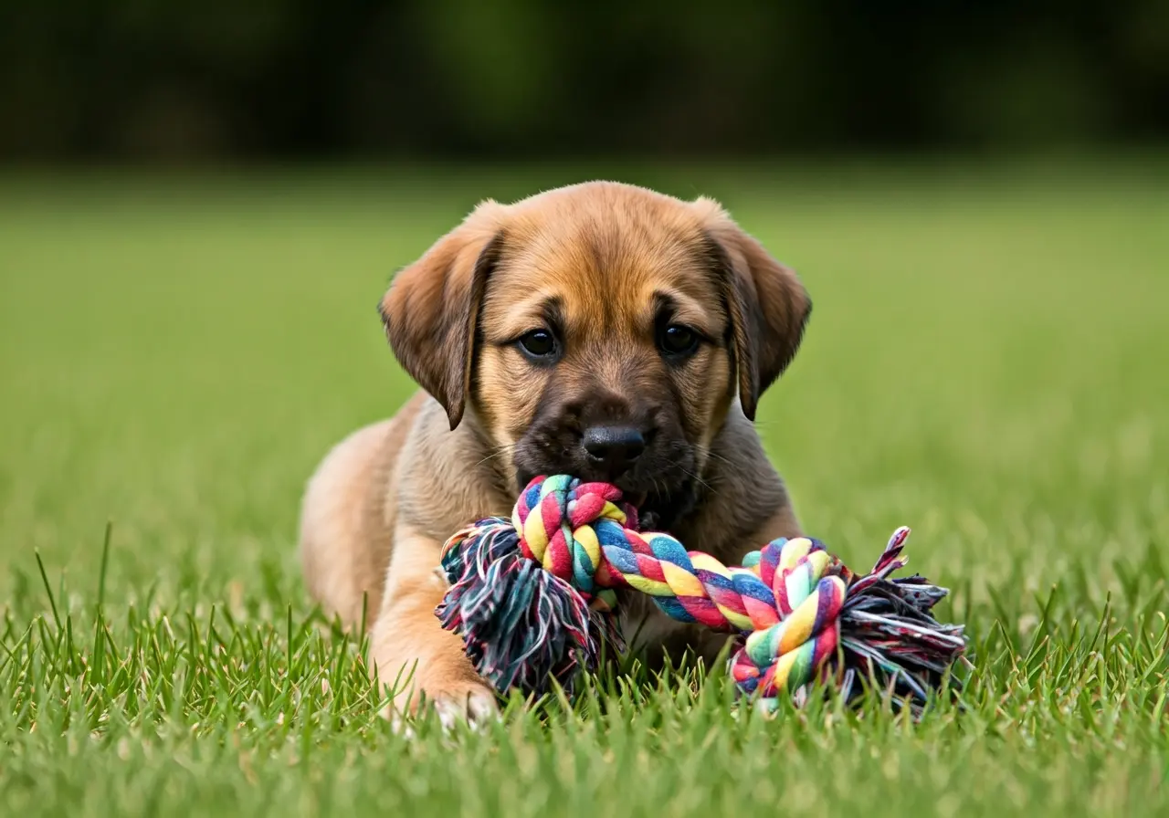A puppy playing with a colorful chew toy outdoors. 35mm stock photo