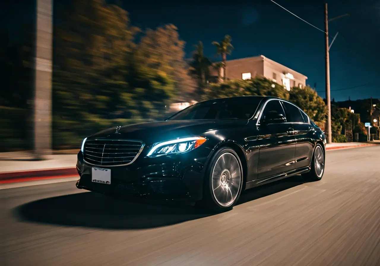 A sleek black luxury car navigating North Hollywood at night. 35mm stock photo