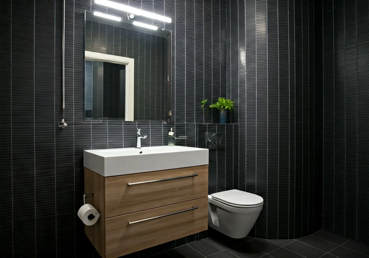 A modern bathroom with sleek fixtures and elegant tile work. 35mm stock photo
