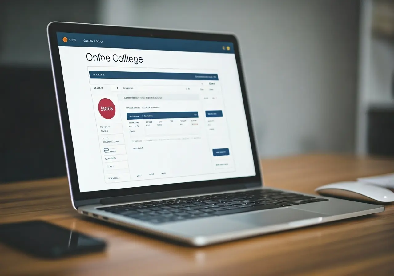 A laptop displaying an online college interface on a desk. 35mm stock photo