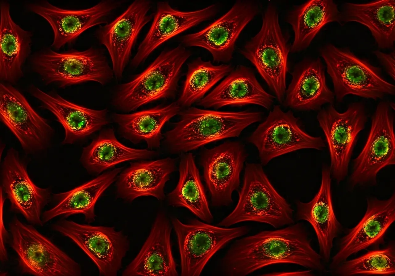 A vibrant array of glowing stem cells under magnification. 35mm stock photo