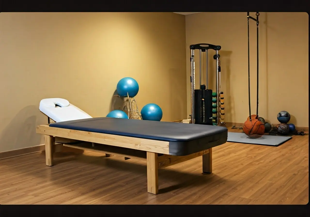A serene massage room with sports equipment in the background. 35mm stock photo