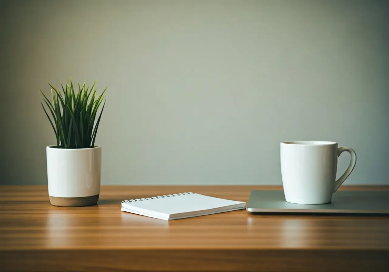 A desk with a laptop, coffee mug, and notepad. 35mm stock photo