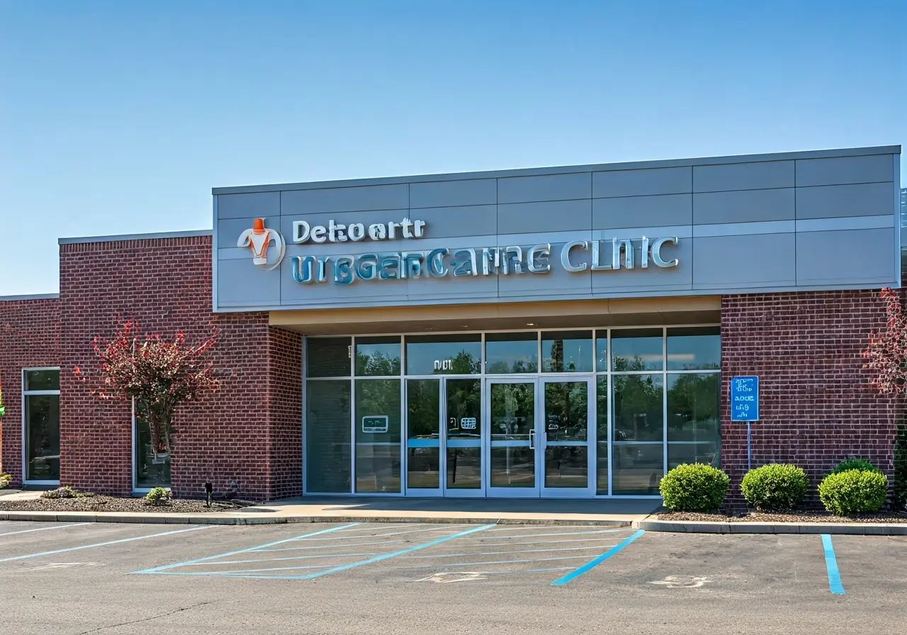 A modern urgent care clinic with a clear, welcoming sign. 35mm stock photo