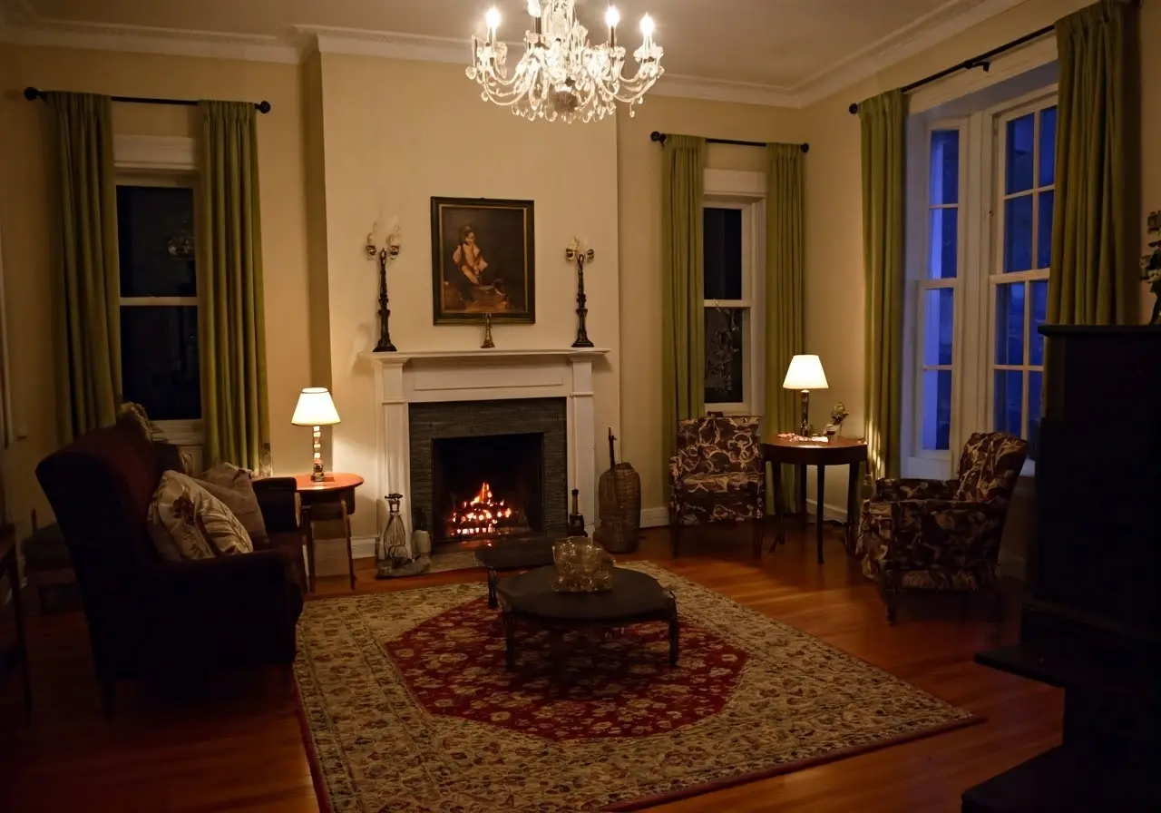 A cozy living room with soft lighting and comforting decor. 35mm stock photo