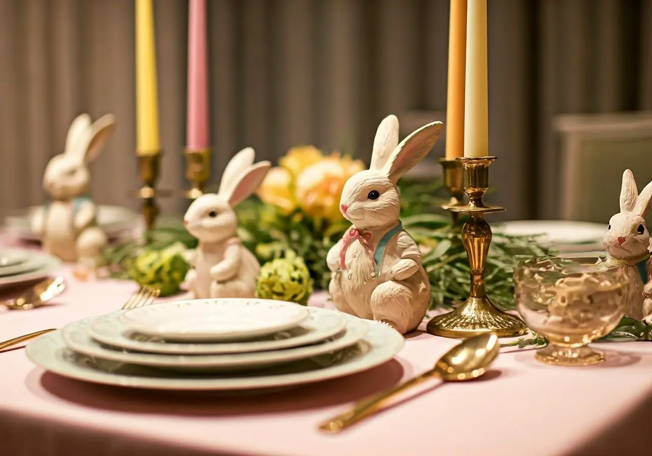 Luxurious pastel table setting with elegant Easter bunny figurines. 35mm stock photo