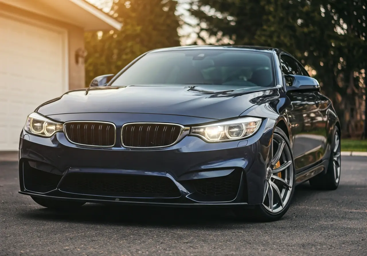 A shiny, freshly detailed car reflecting sunlight in a driveway. 35mm stock photo