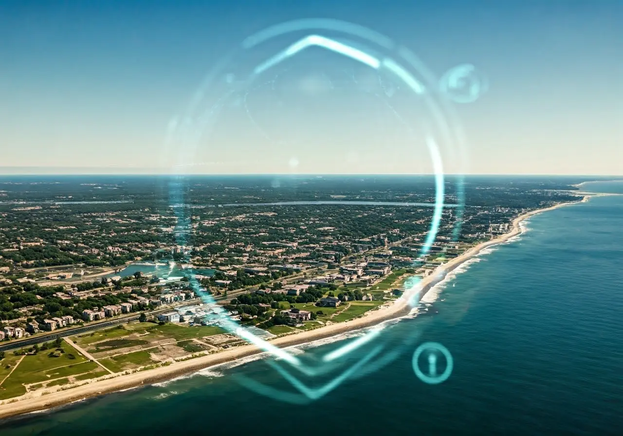 Aerial view of Long Island with digital search icons overlay. 35mm stock photo