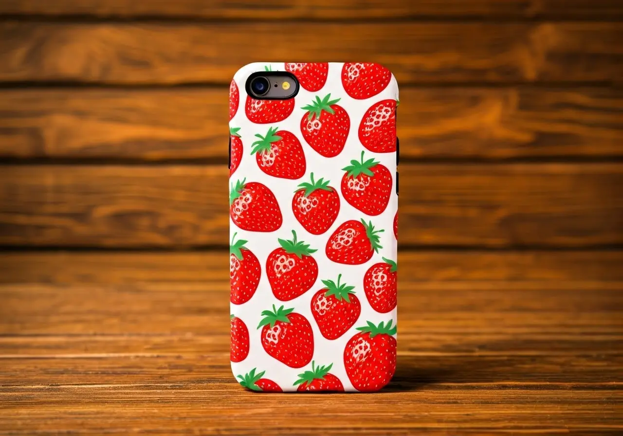 A vibrant strawberry-patterned iPhone case on a wooden surface. 35mm stock photo