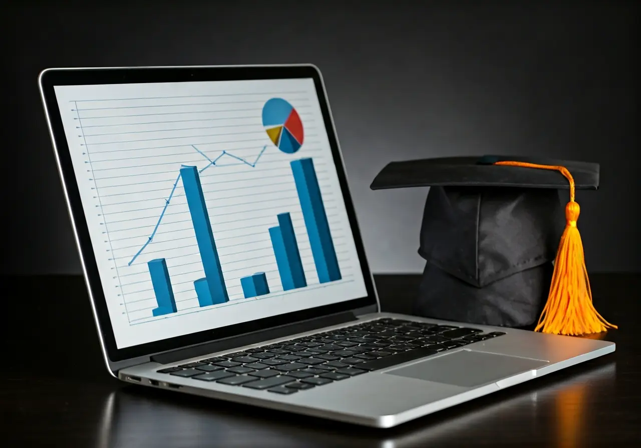 A laptop displaying business graphs and a graduation cap. 35mm stock photo