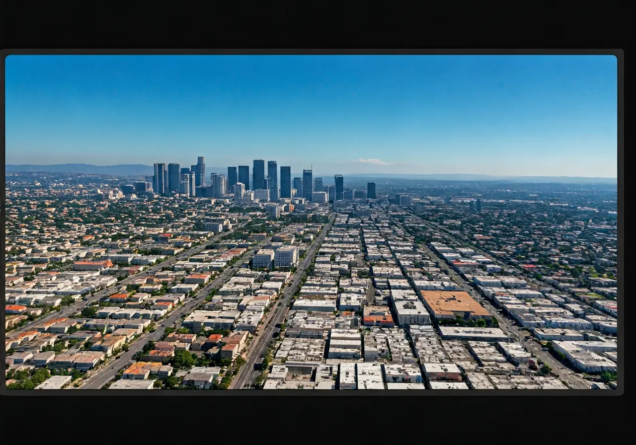 Aerial view of West Hollywood skyline with legal scales. 35mm stock photo