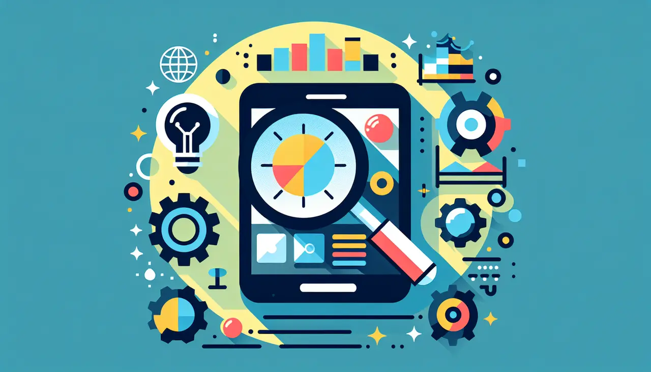Draw a graphic in flat design style. A flat design image of a magnifying glass focusing on a smartphone, surrounded by icons representing app features, like gears, a lightbulb, and a chart.