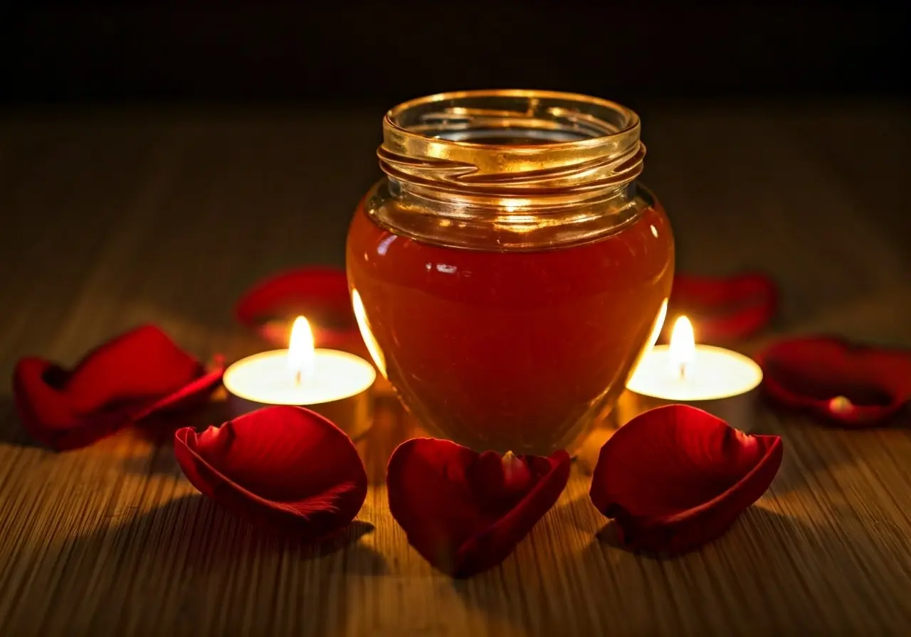 Heart-shaped honey jar surrounded by rose petals and candles. 35mm stock photo