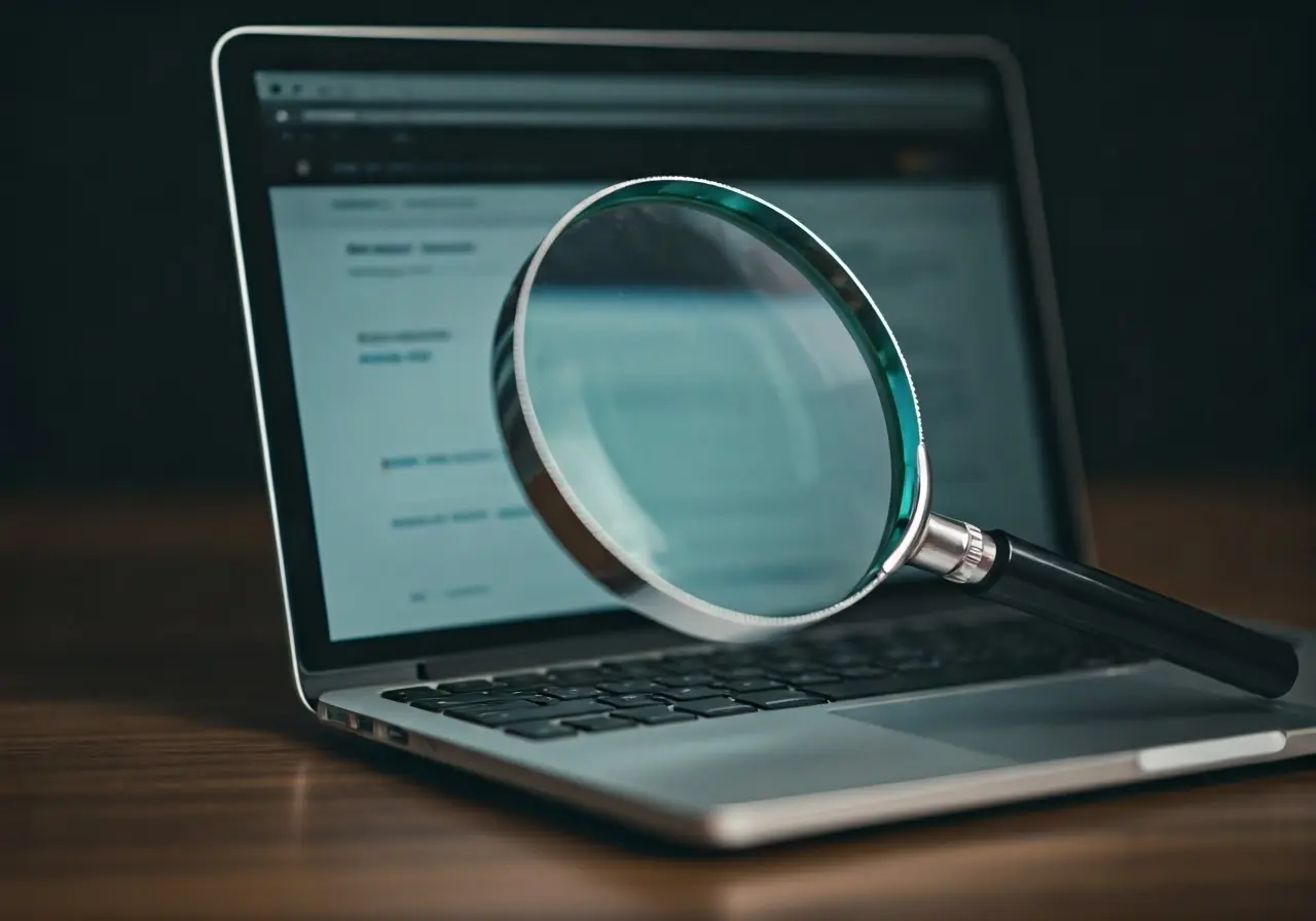A magnifying glass over a laptop displaying a website. 35mm stock photo