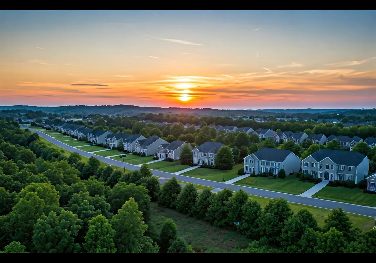 Aerial view of suburban Virginia homes with a sunrise backdrop. 35mm stock photo