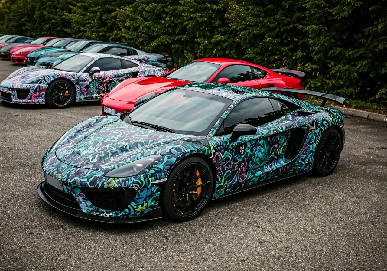 A vibrant display of colorful car wraps on luxury vehicles. 35mm stock photo