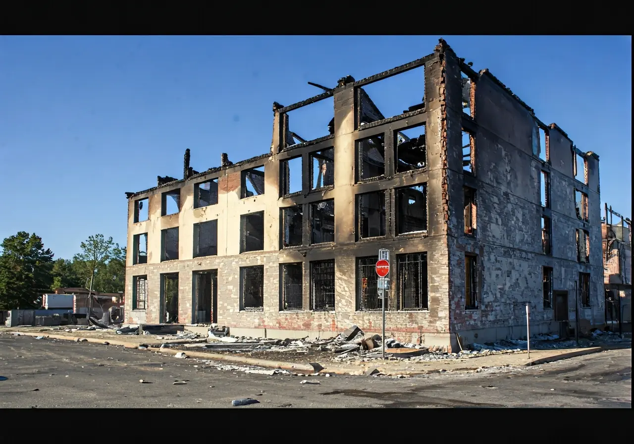 A fire-damaged building with an insurance adjuster&rsquo;s clipboard nearby. 35mm stock photo