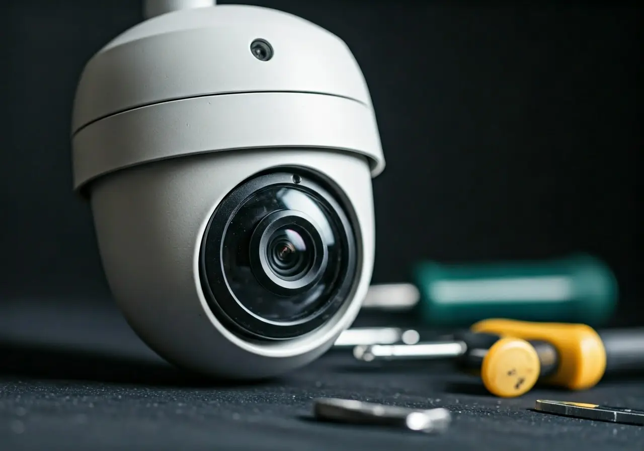 Close-up of a CCTV camera with installation tools nearby. 35mm stock photo