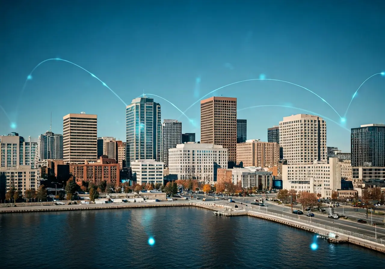 A cityscape of Spokane with digital network overlays. 35mm stock photo