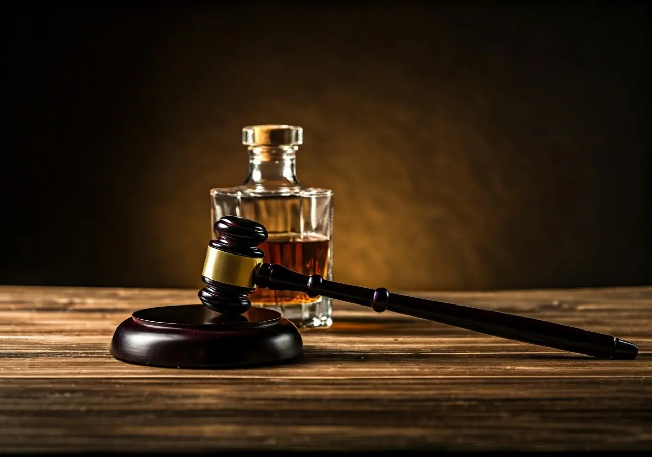 A gavel beside a glass of whiskey on a table. 35mm stock photo