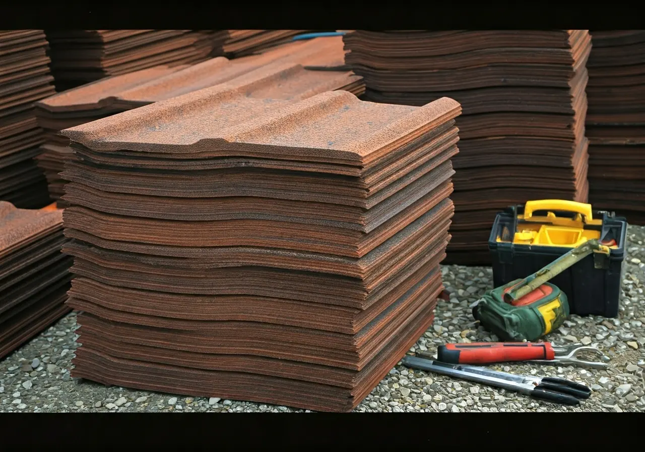 A stack of roofing shingles with a tool kit nearby. 35mm stock photo