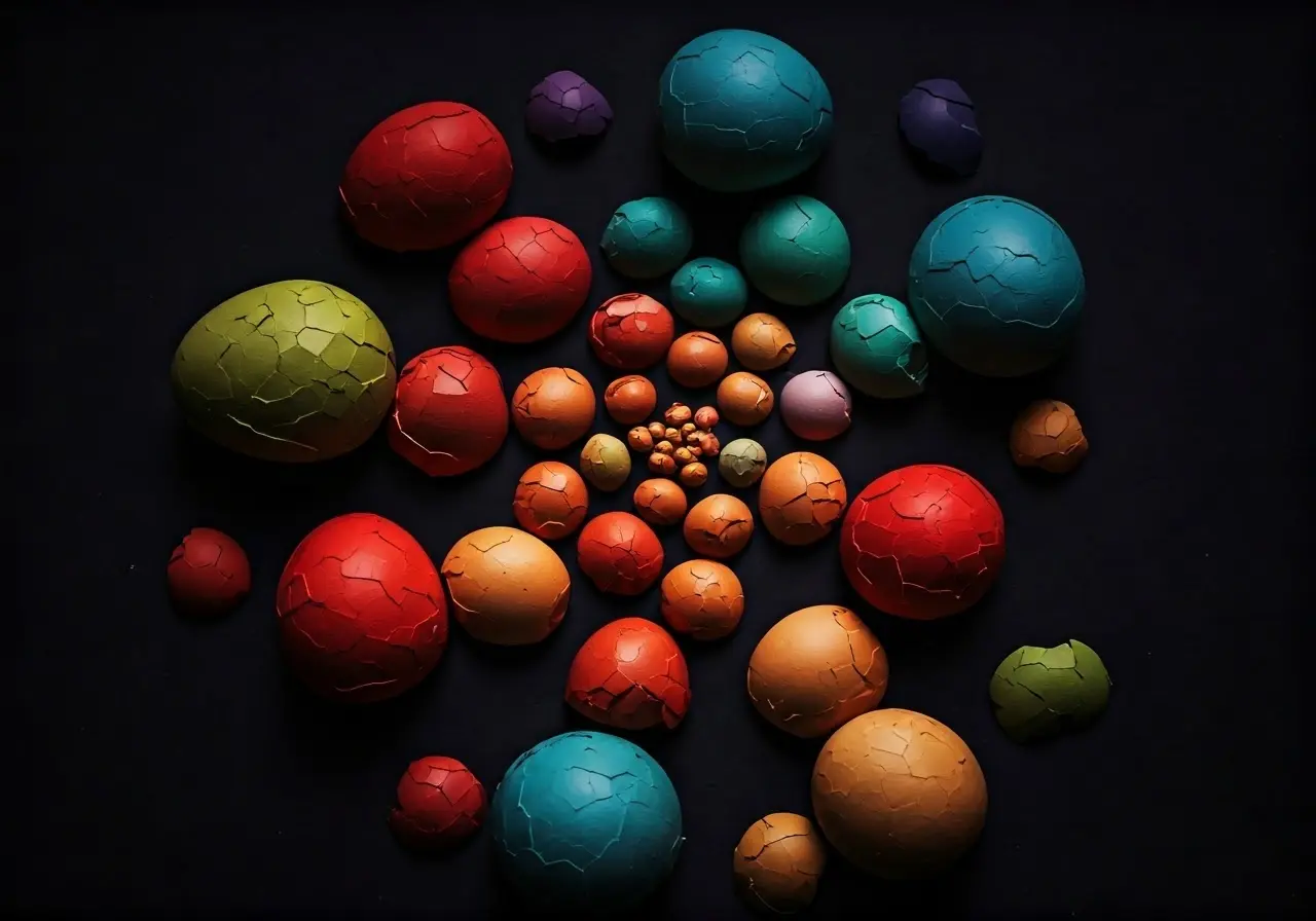 Colorful cracked eggshells arranged in a mystical spiral pattern. 35mm stock photo
