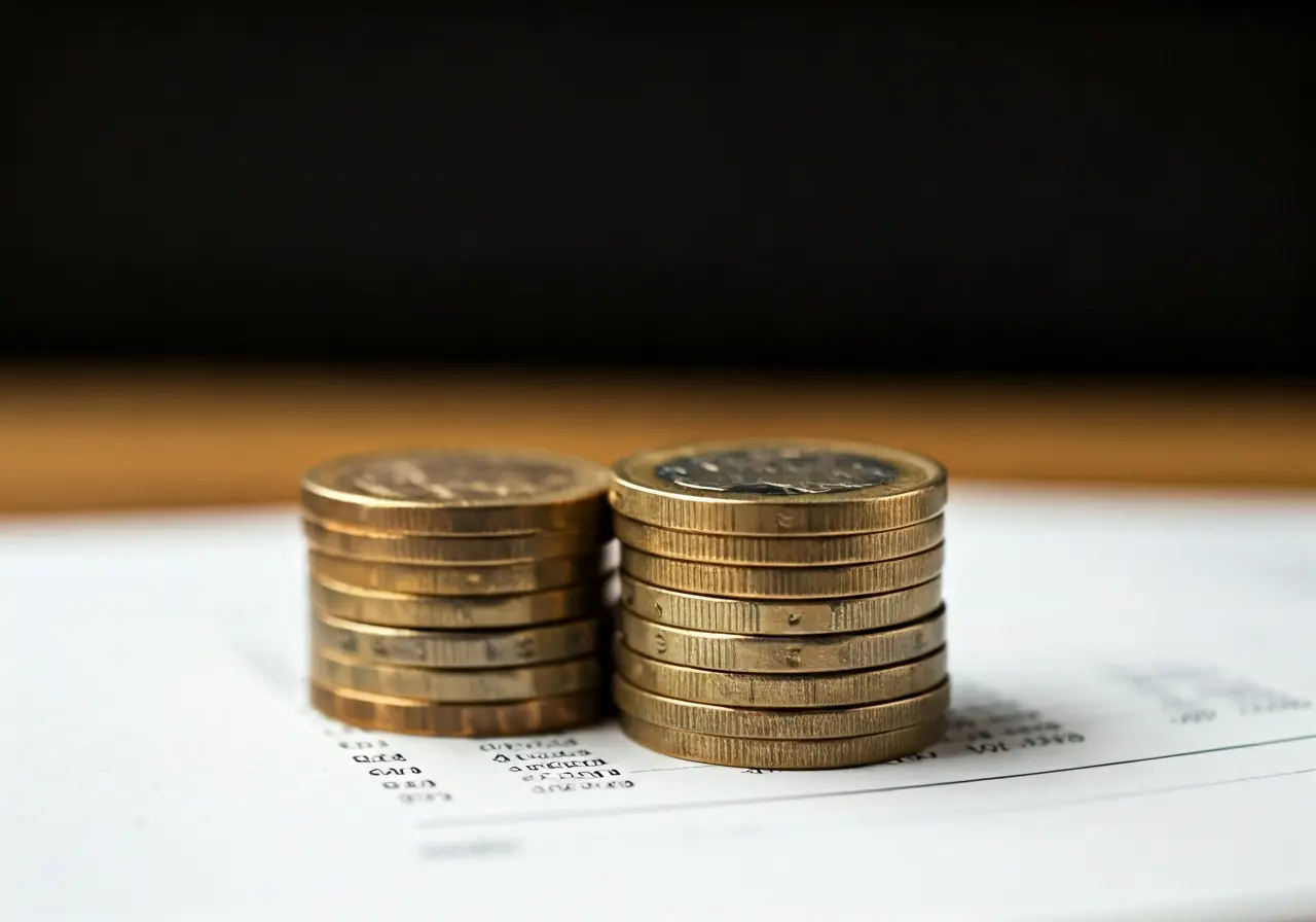 A stack of British pound coins on financial documents. 35mm stock photo
