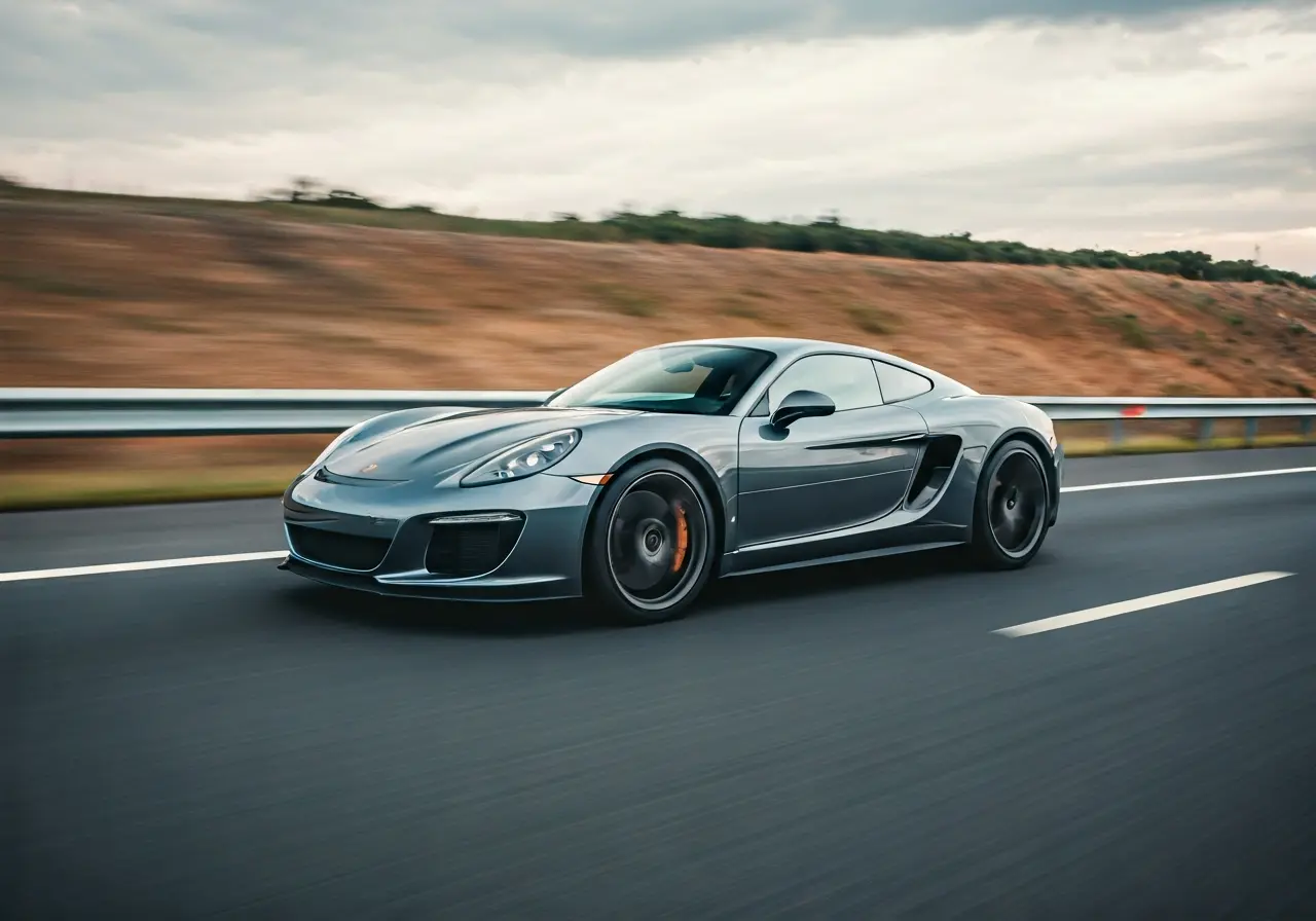 A sleek, high-end car on an open highway. 35mm stock photo