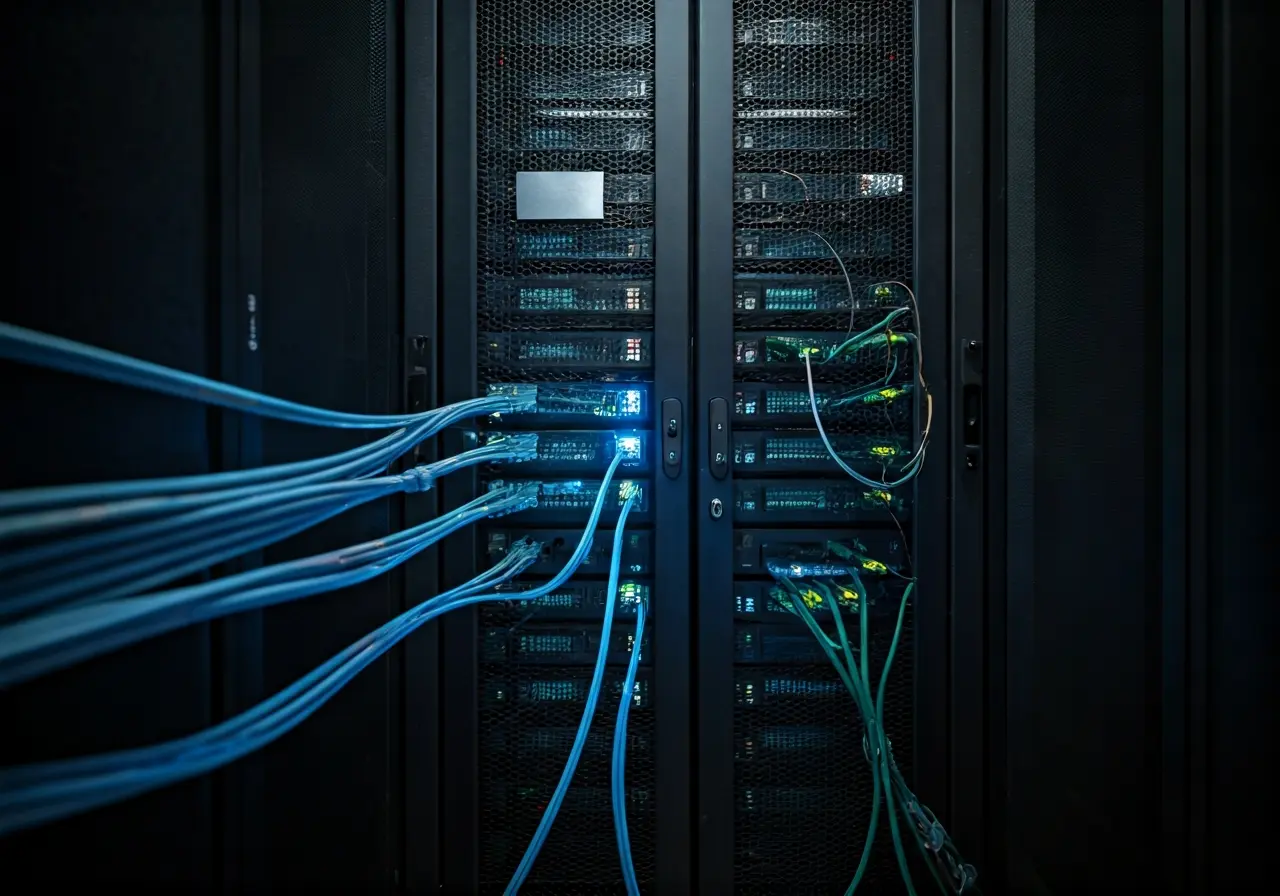 A secure server room with glowing network cables and locks. 35mm stock photo