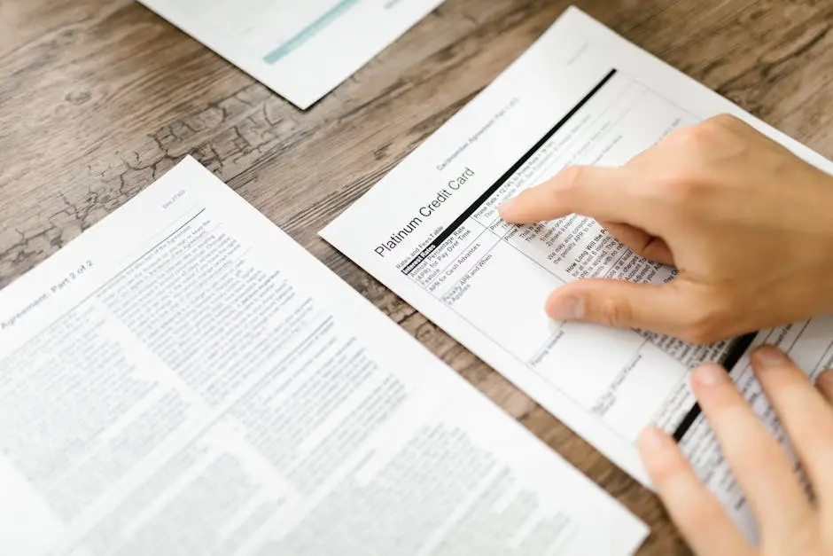 A hand examining a credit card agreement on a wooden desk, highlighting financial review.