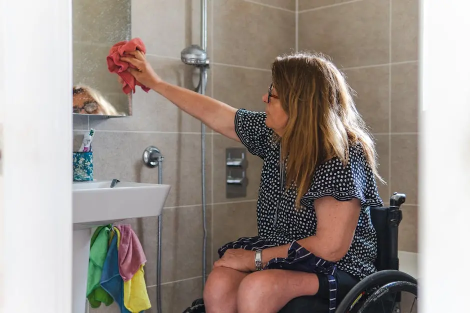 Older woman cleaning her bathroom mirror