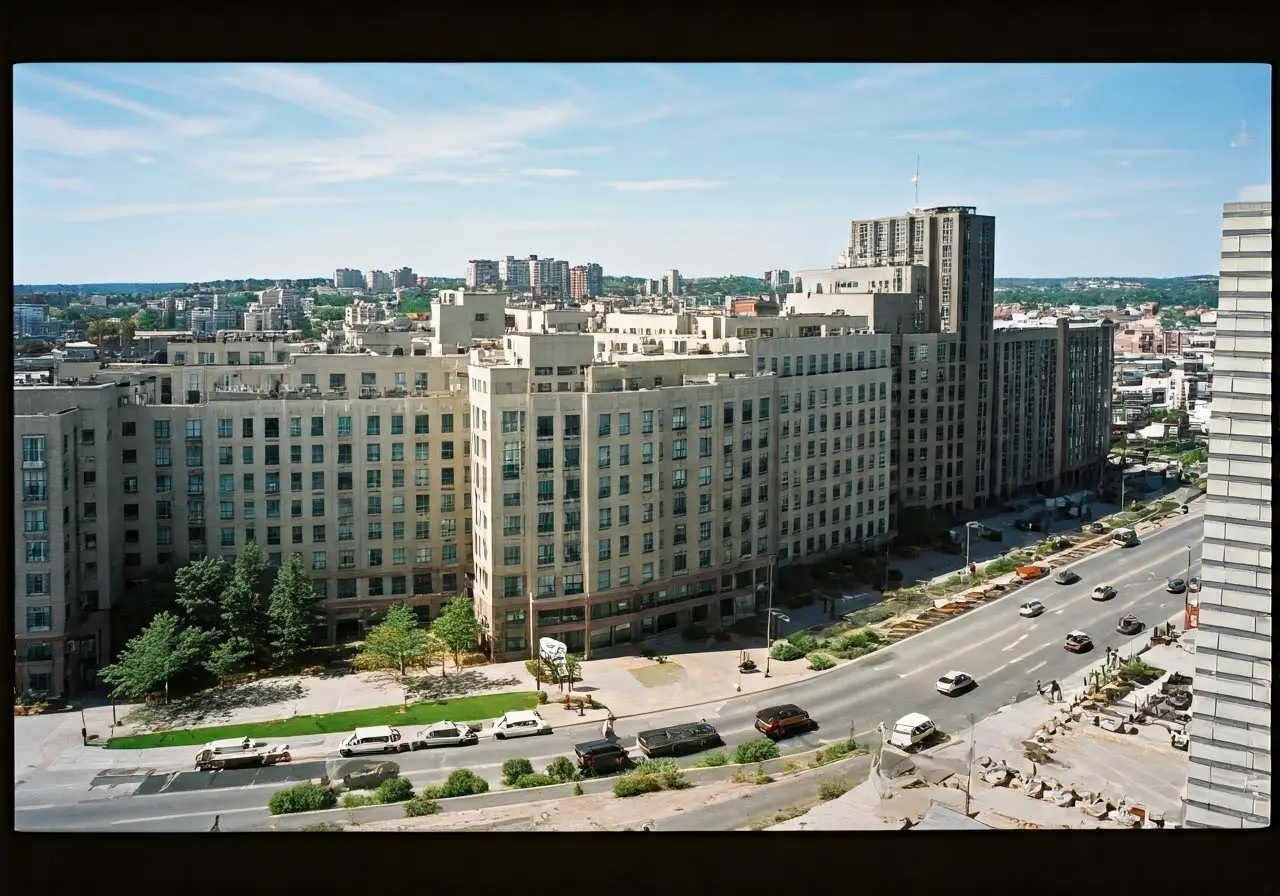An aerial view of modern buildings near a bustling city street. 35mm stock photo