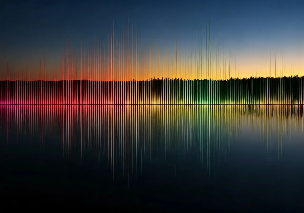 A colorful sound wave pattern against a serene nature background. 35mm stock photo