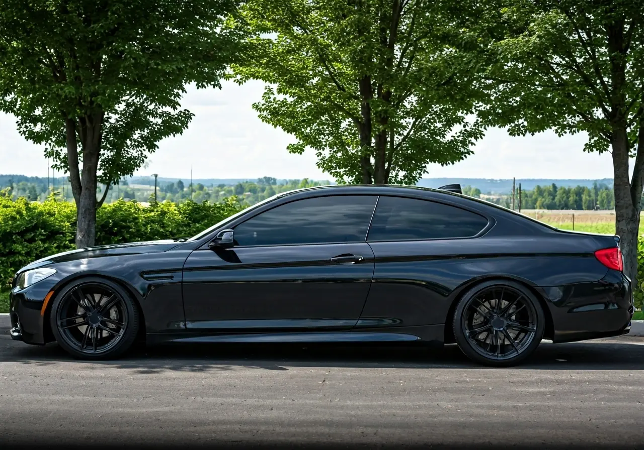 A car with freshly tinted windows parked in a lot. 35mm stock photo