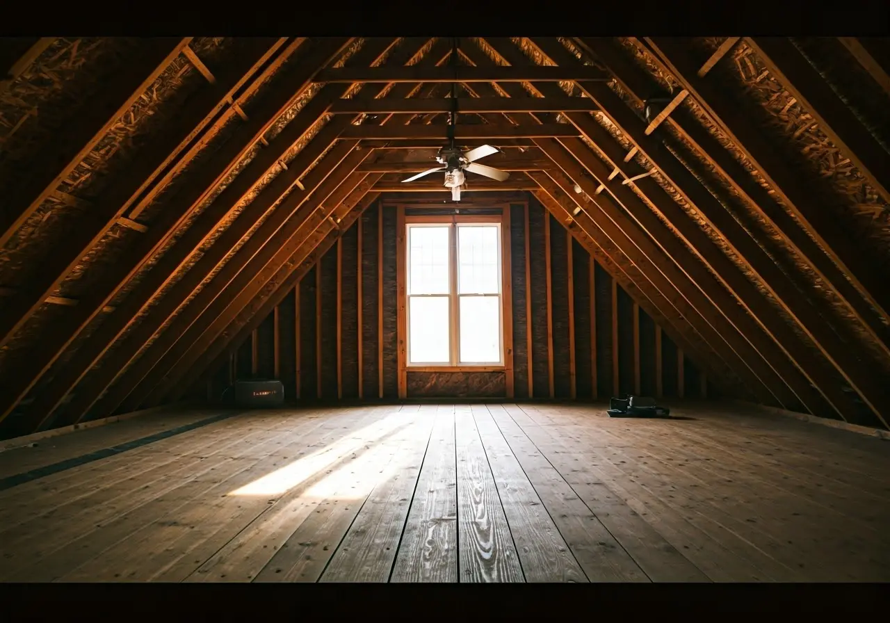 An attic with a spinning roof fan and sunlit beams. 35mm stock photo